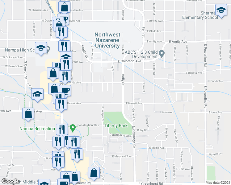 map of restaurants, bars, coffee shops, grocery stores, and more near 616 East Hawaii Avenue in Nampa
