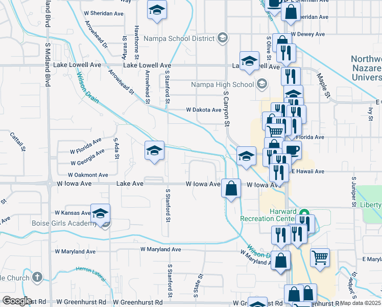 map of restaurants, bars, coffee shops, grocery stores, and more near 1324 South Edgewater Circle in Nampa