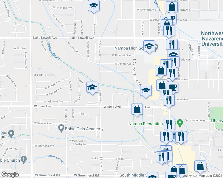 map of restaurants, bars, coffee shops, grocery stores, and more near 1324 South Edgewater Circle in Nampa
