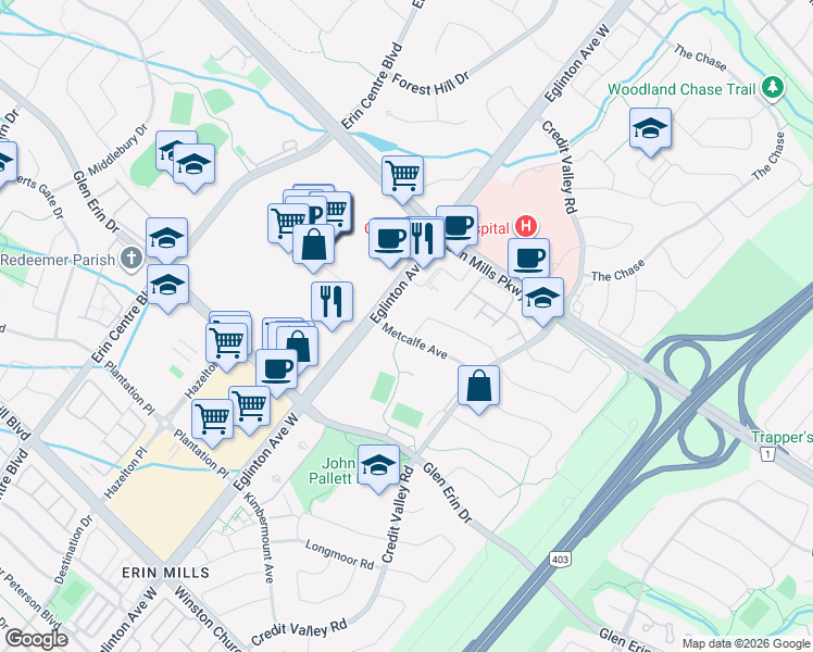 map of restaurants, bars, coffee shops, grocery stores, and more near in Mississauga