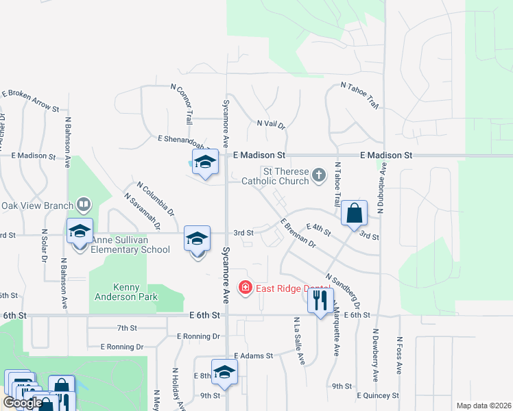 map of restaurants, bars, coffee shops, grocery stores, and more near 4620 East Brennan Avenue in Sioux Falls