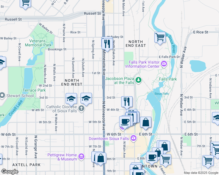 map of restaurants, bars, coffee shops, grocery stores, and more near 305 West 2nd Street in Sioux Falls