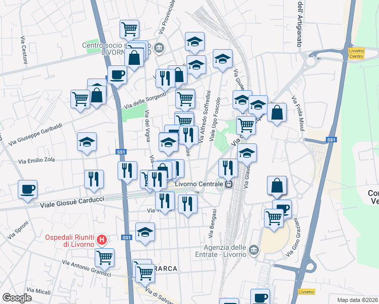 map of restaurants, bars, coffee shops, grocery stores, and more near 21 Via Victor Ezio Marzocchini in Livorno