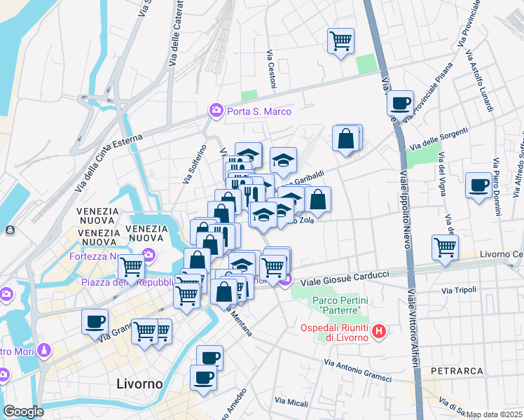 map of restaurants, bars, coffee shops, grocery stores, and more near 68 Via Galileo Galilei in Livorno