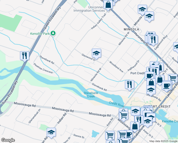 map of restaurants, bars, coffee shops, grocery stores, and more near 1363 Wendigo Trail in Mississauga