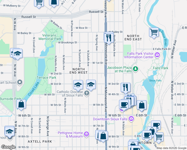 map of restaurants, bars, coffee shops, grocery stores, and more near 518 West 3rd Street in Sioux Falls