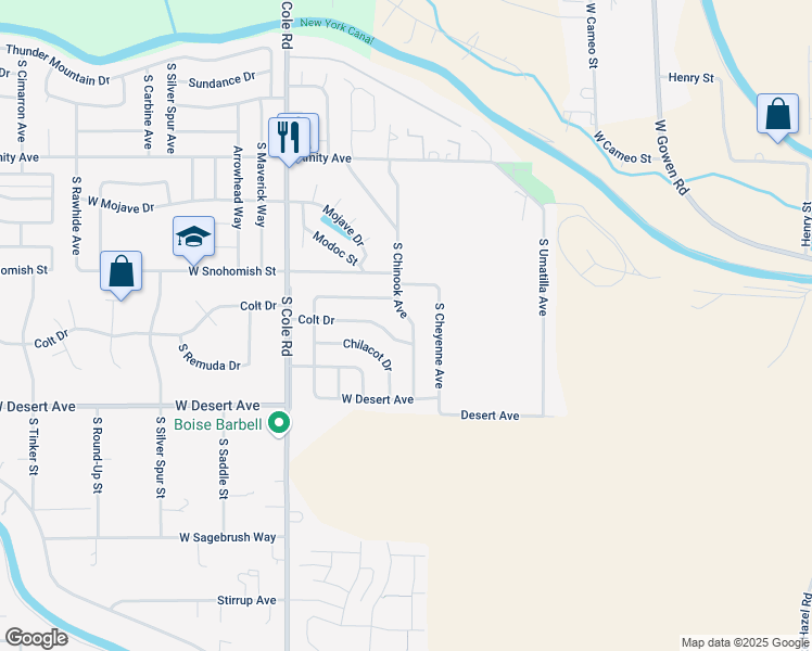 map of restaurants, bars, coffee shops, grocery stores, and more near 5010 South Chinook Avenue in Boise
