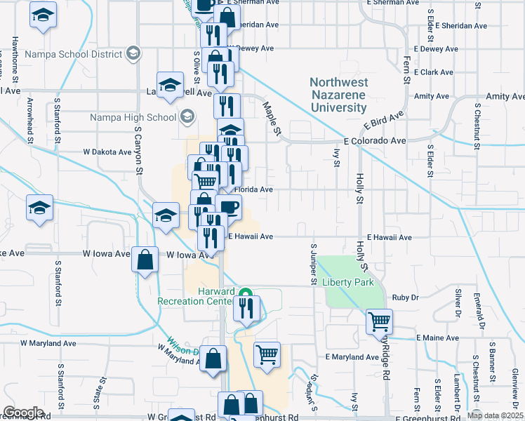 map of restaurants, bars, coffee shops, grocery stores, and more near 1227 Maple Street in Nampa