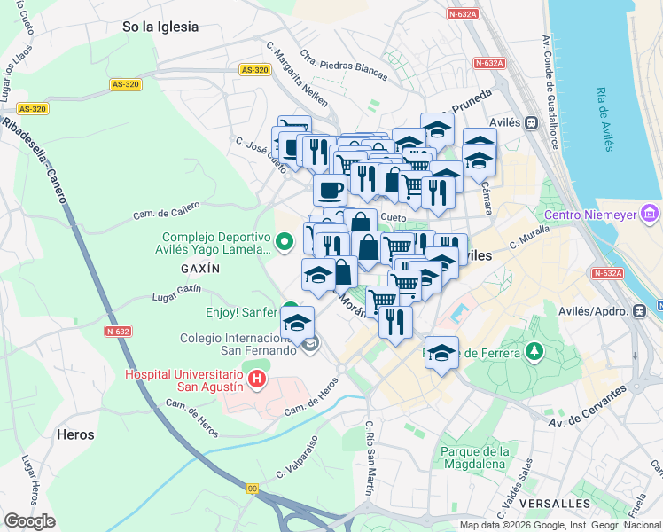 map of restaurants, bars, coffee shops, grocery stores, and more near Calle Fernando Morán in Avilés
