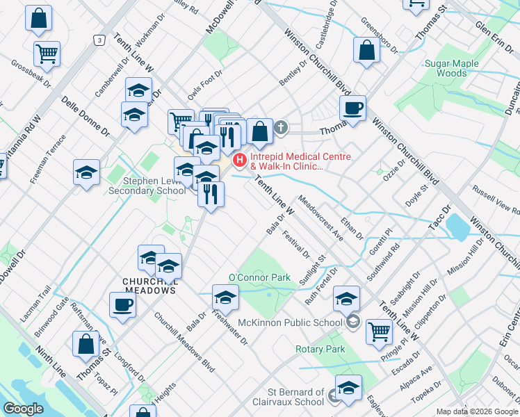 map of restaurants, bars, coffee shops, grocery stores, and more near 5534 Waterwind Crescent in Mississauga