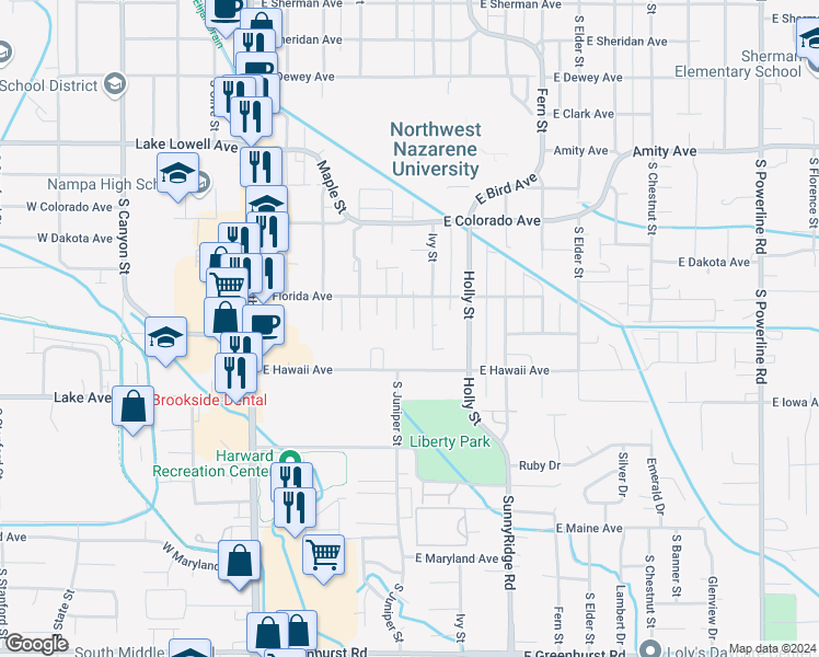 map of restaurants, bars, coffee shops, grocery stores, and more near 25 East Florida Avenue in Nampa
