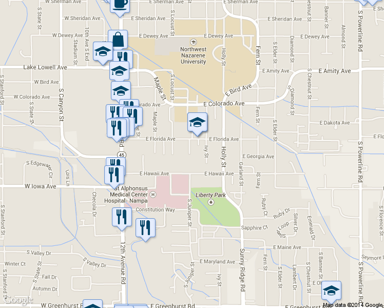 map of restaurants, bars, coffee shops, grocery stores, and more near 25 East Florida Avenue in Nampa