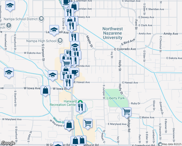 map of restaurants, bars, coffee shops, grocery stores, and more near 307 East Florida Avenue in Nampa