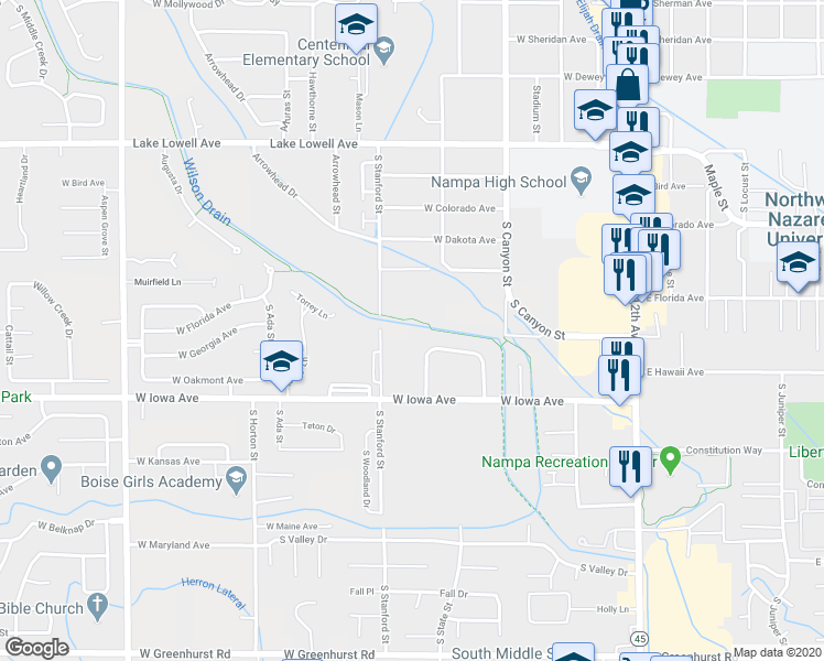 map of restaurants, bars, coffee shops, grocery stores, and more near 523 West Edwards Avenue in Nampa