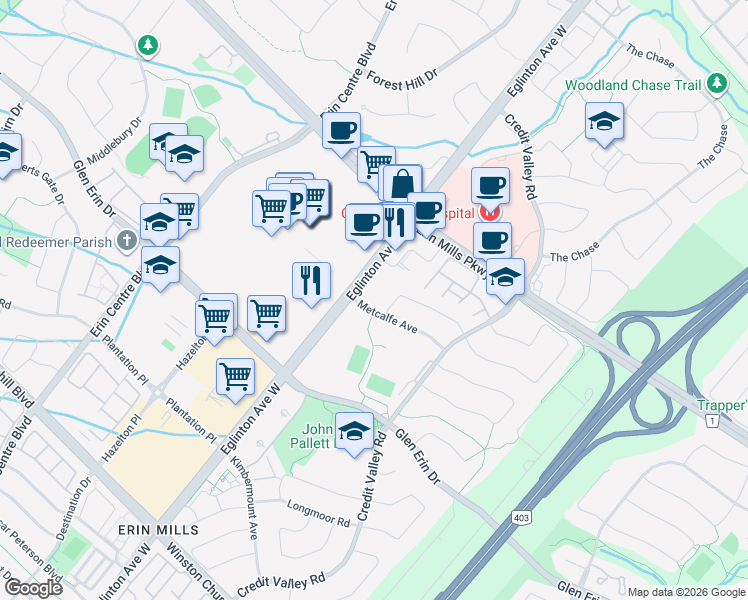 map of restaurants, bars, coffee shops, grocery stores, and more near 4655 Metcalfe Avenue in Mississauga