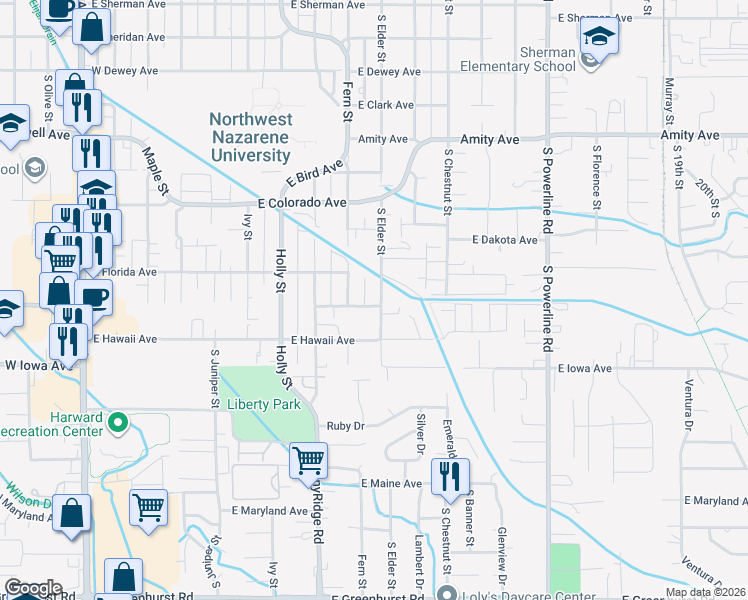 map of restaurants, bars, coffee shops, grocery stores, and more near 1203 South Elder Street in Nampa