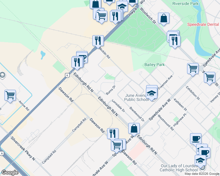 map of restaurants, bars, coffee shops, grocery stores, and more near 33 Burns Drive in Guelph