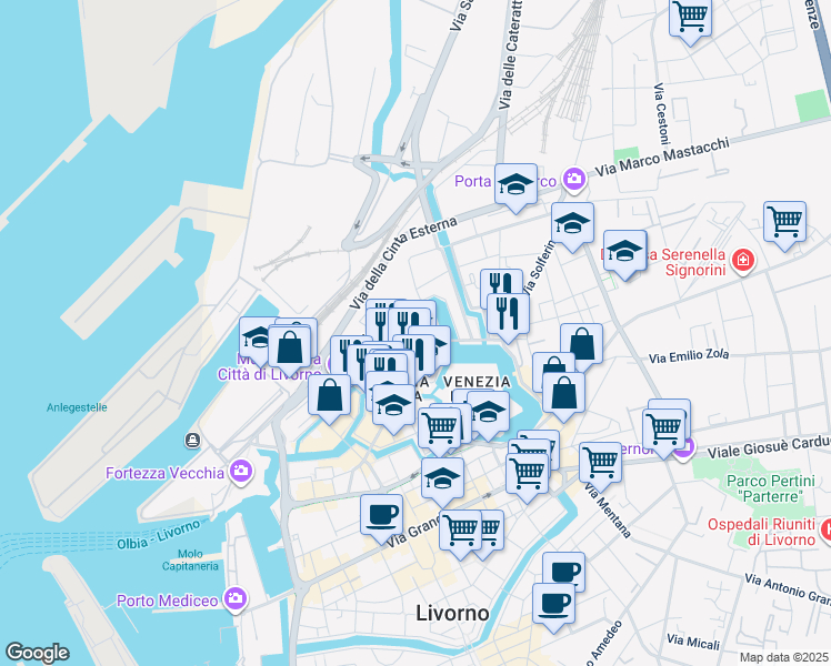 map of restaurants, bars, coffee shops, grocery stores, and more near 7 Via Castelli in Livorno