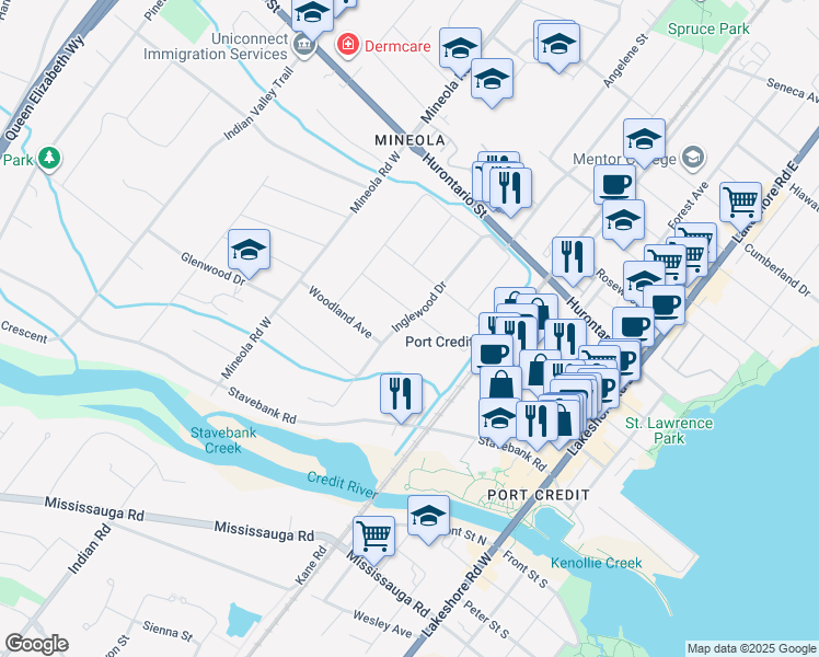 map of restaurants, bars, coffee shops, grocery stores, and more near 132 Inglewood Drive in Mississauga