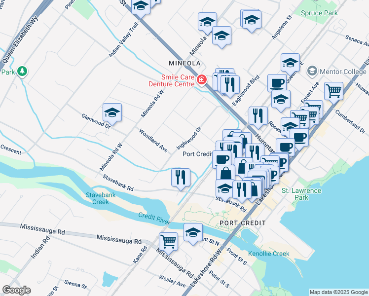 map of restaurants, bars, coffee shops, grocery stores, and more near 132 Inglewood Drive in Mississauga