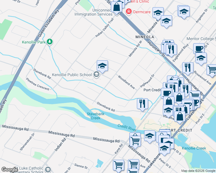 map of restaurants, bars, coffee shops, grocery stores, and more near 238 Mineola Road West in Mississauga