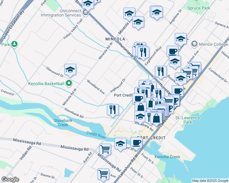 map of restaurants, bars, coffee shops, grocery stores, and more near 132 Inglewood Drive in Mississauga
