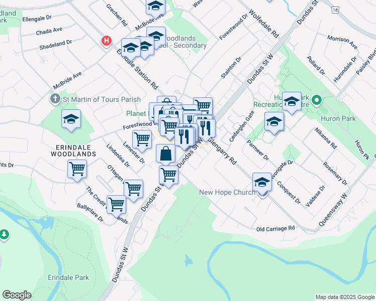map of restaurants, bars, coffee shops, grocery stores, and more near 1133 Dundas Street West in Mississauga