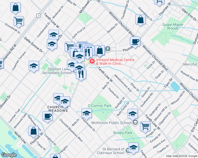 map of restaurants, bars, coffee shops, grocery stores, and more near in Mississauga