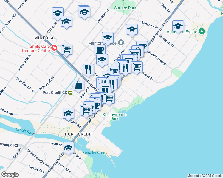 map of restaurants, bars, coffee shops, grocery stores, and more near 158 Lakeshore Road East in Mississauga