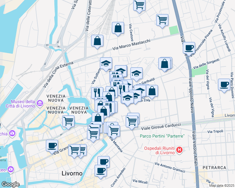 map of restaurants, bars, coffee shops, grocery stores, and more near 26 Via Palestro in Livorno