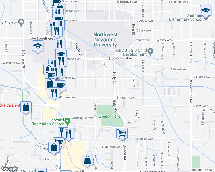 map of restaurants, bars, coffee shops, grocery stores, and more near 1220 Ivy Street in Nampa