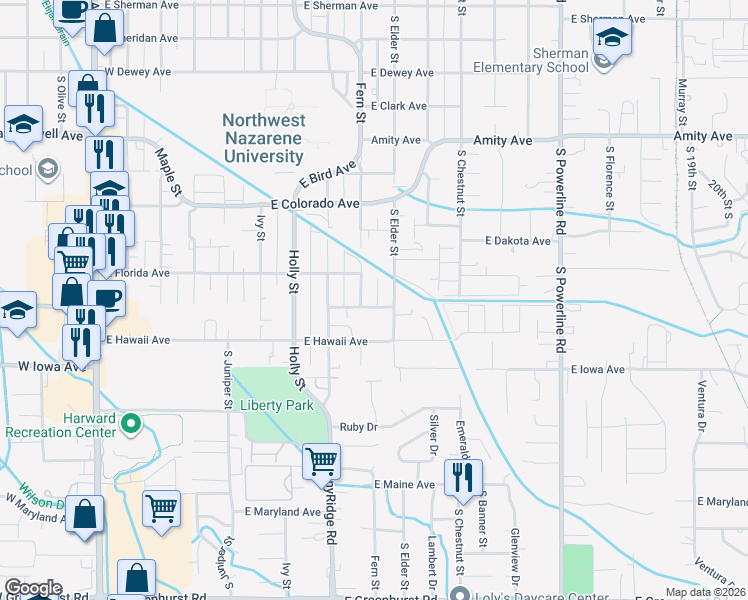 map of restaurants, bars, coffee shops, grocery stores, and more near 1203 South Elder Street in Nampa