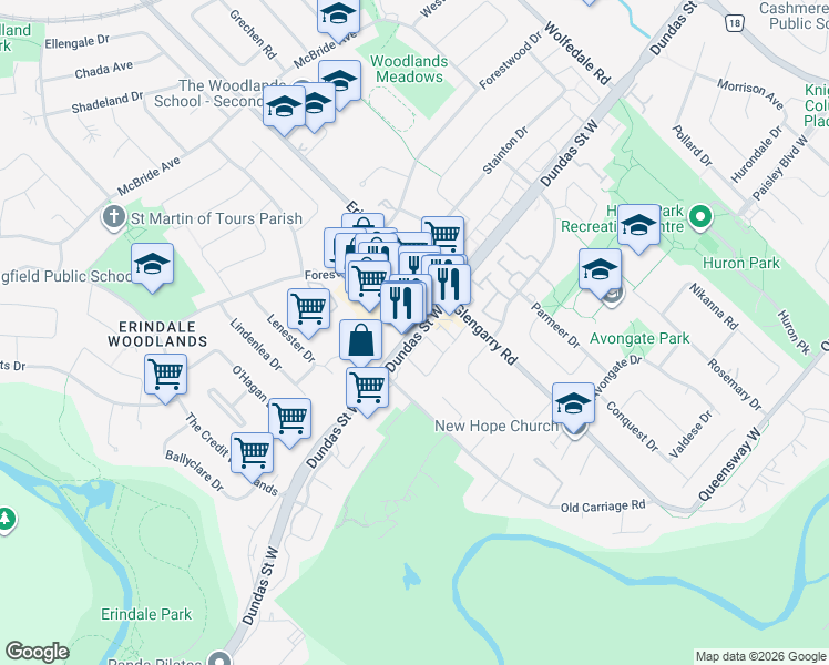 map of restaurants, bars, coffee shops, grocery stores, and more near 1131 Dundas Street West in Mississauga