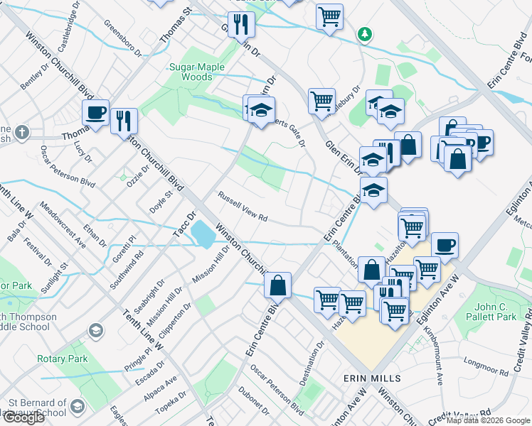 map of restaurants, bars, coffee shops, grocery stores, and more near 5303 Snowbird Court in Mississauga