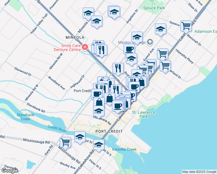 map of restaurants, bars, coffee shops, grocery stores, and more near 28 Ann Street in Mississauga