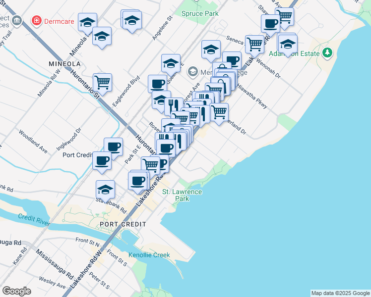map of restaurants, bars, coffee shops, grocery stores, and more near 175 Lakeshore Road East in Mississauga