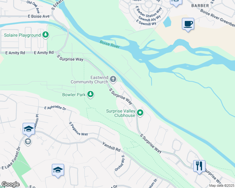 map of restaurants, bars, coffee shops, grocery stores, and more near 5110 South Surprise Way in Boise