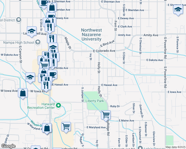 map of restaurants, bars, coffee shops, grocery stores, and more near 1203 Holly Street in Nampa