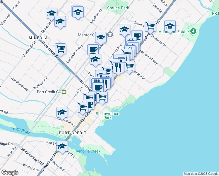 map of restaurants, bars, coffee shops, grocery stores, and more near 4 Elmwood Avenue South in Mississauga