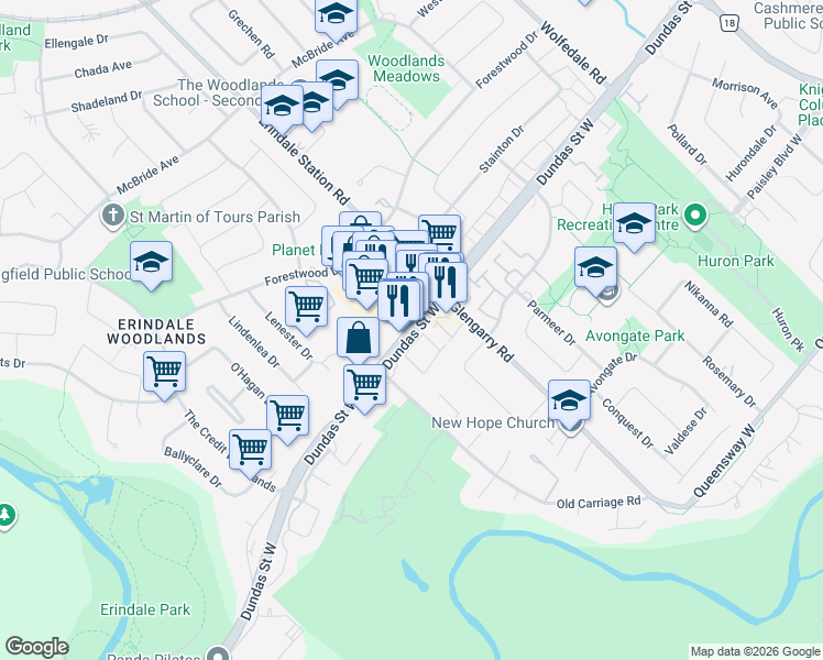 map of restaurants, bars, coffee shops, grocery stores, and more near 1133 Dundas Street West in Mississauga