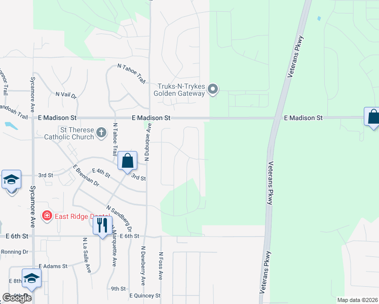 map of restaurants, bars, coffee shops, grocery stores, and more near 5501 East Madison Street in Sioux Falls