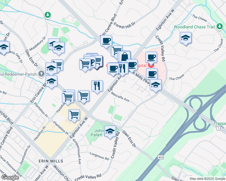map of restaurants, bars, coffee shops, grocery stores, and more near 4655 Metcalfe Avenue in Mississauga