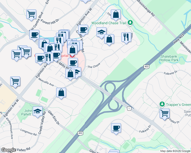 map of restaurants, bars, coffee shops, grocery stores, and more near 2165 Windsor Way in Mississauga