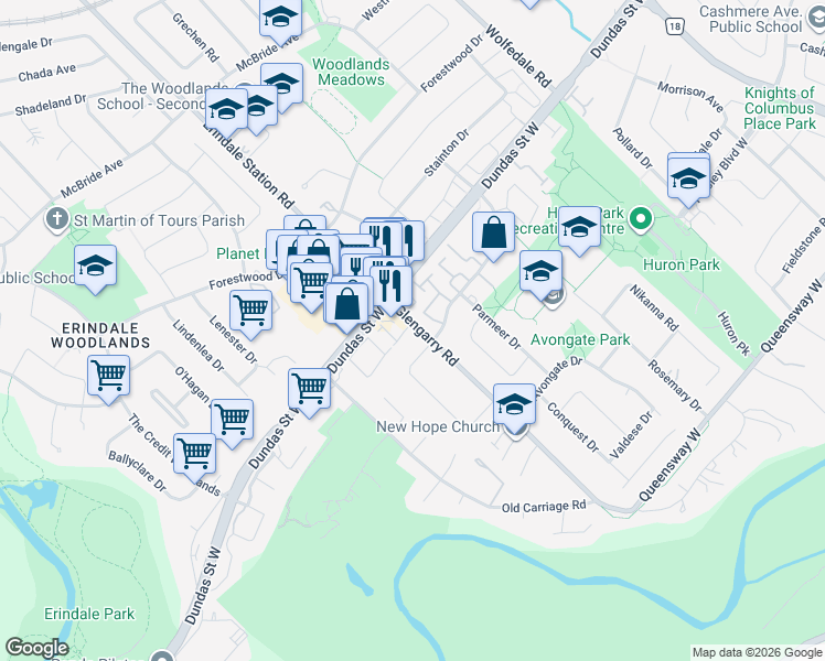 map of restaurants, bars, coffee shops, grocery stores, and more near 2596 Glengarry Road in Mississauga