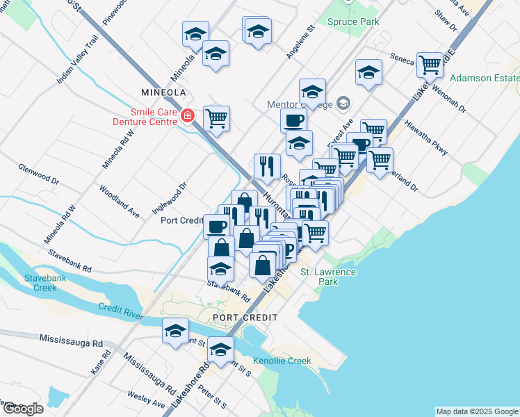 map of restaurants, bars, coffee shops, grocery stores, and more near 88 Park Street East in Mississauga