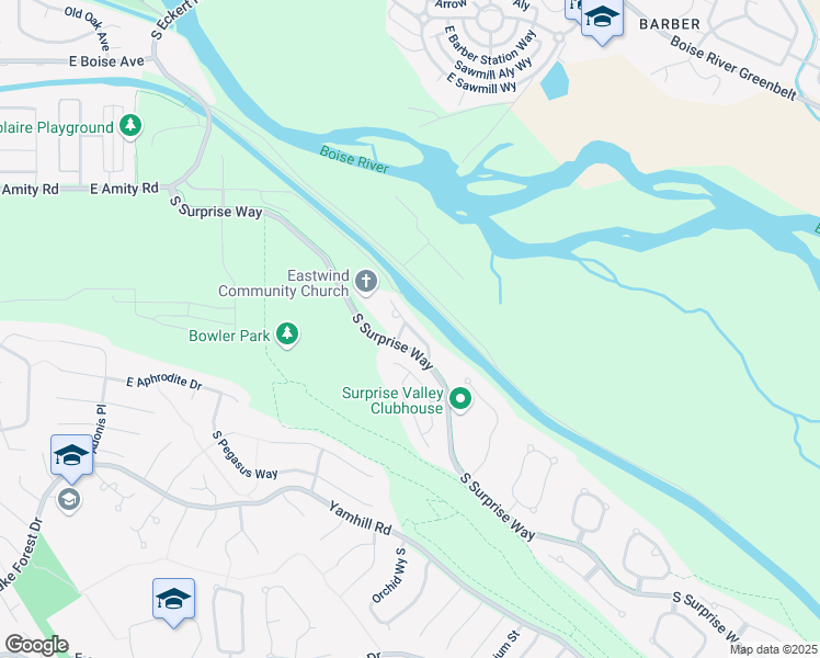 map of restaurants, bars, coffee shops, grocery stores, and more near 5110 South Surprise Way in Boise