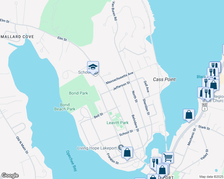 map of restaurants, bars, coffee shops, grocery stores, and more near 419 Elm Street in Laconia