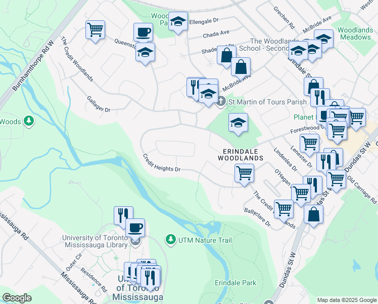 map of restaurants, bars, coffee shops, grocery stores, and more near 3519 Enniskillen Circle in Mississauga