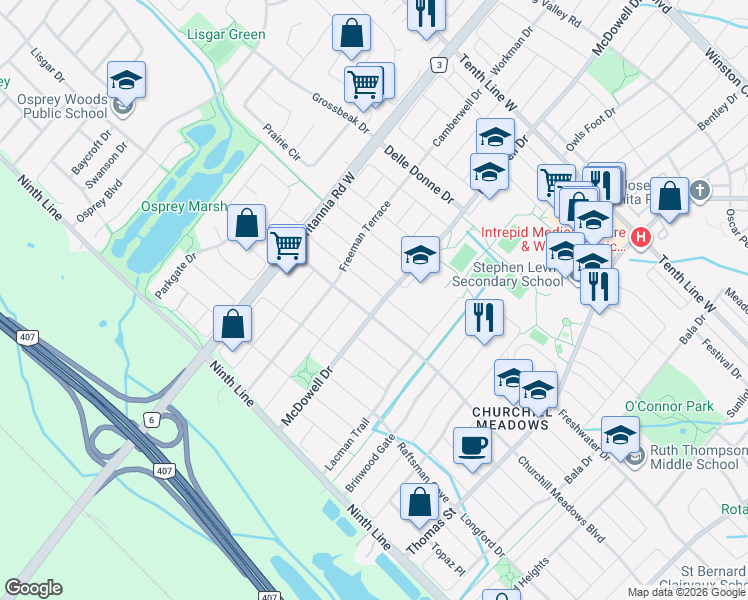 map of restaurants, bars, coffee shops, grocery stores, and more near 3485 McDowell Drive in Mississauga