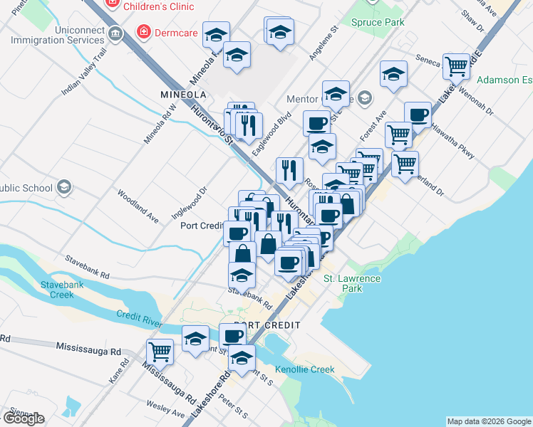 map of restaurants, bars, coffee shops, grocery stores, and more near 28 Ann Street in Mississauga
